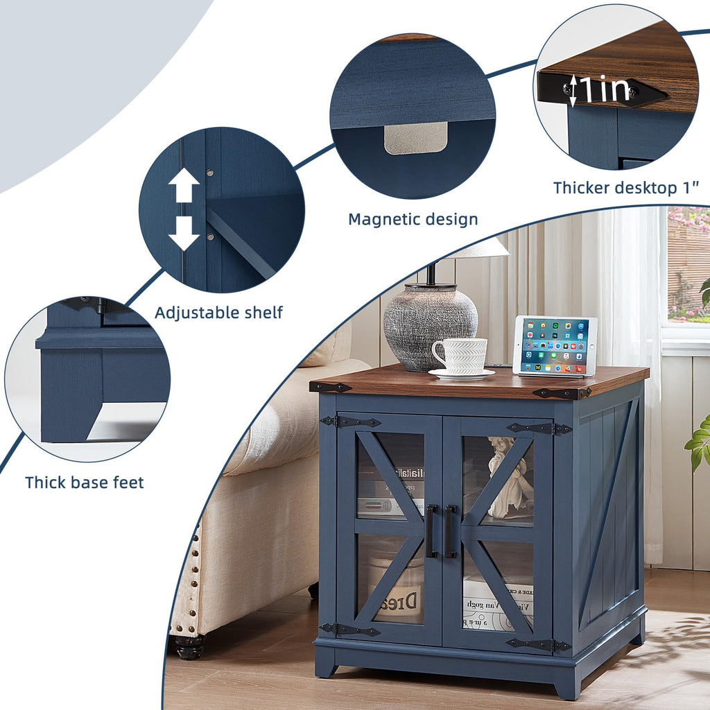 Farmhouse end table in blue with adjustable shelf and barn-door glass panels.