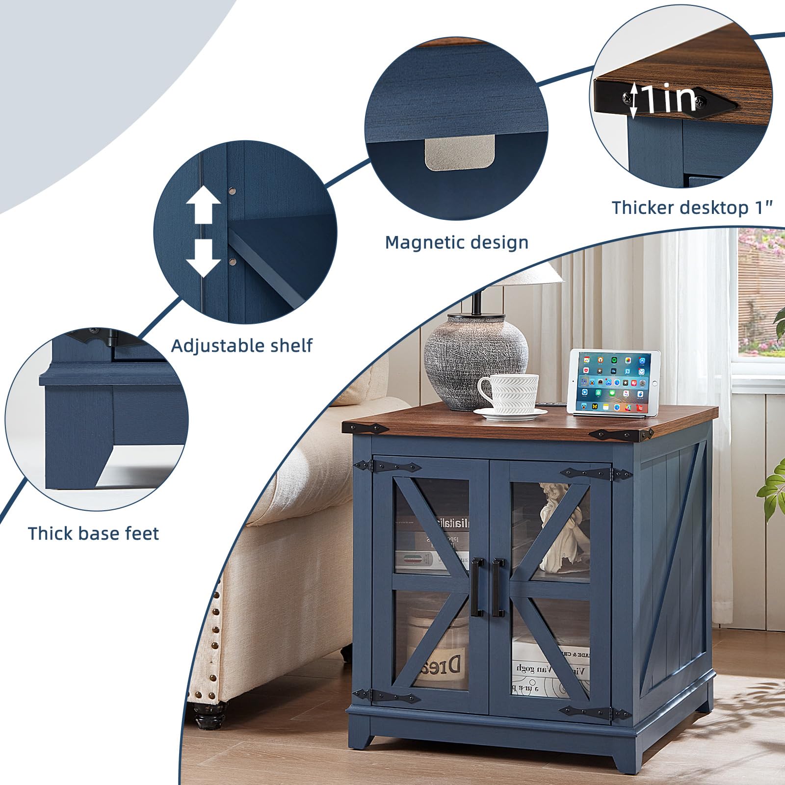 Farmhouse end table in blue with adjustable shelf and barn-door glass panels.