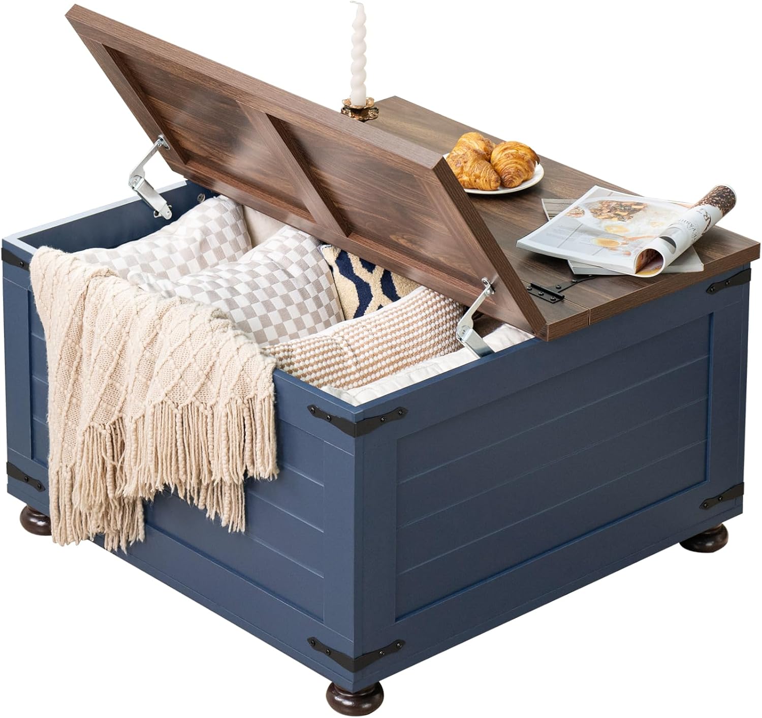Farmhouse Coffee Table with Large Hidden Storage Compartment, Navy Blue Square Center Table, Wood Rustic Low Modern Living Room Tables with Hinged Lift Brown Top & Wooden Arc Base
