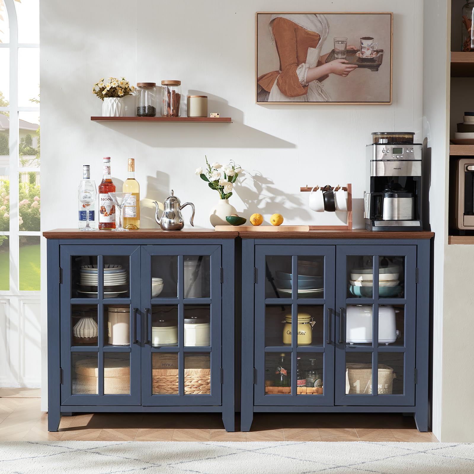 Blue buffet cabinet with two glass doors, interior shelves, and central open compartment