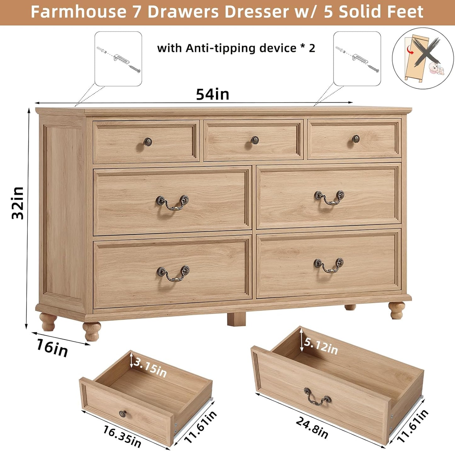 Joaxswe Farmhouse Dresser and Nightstand Sets 3 Piece, Nightstands Set of 2 and 7 Drawers Dresser for Bedroom, 54" Wide and 24" Inch Night Stand Set for Bedroom, Living Room, Hallway