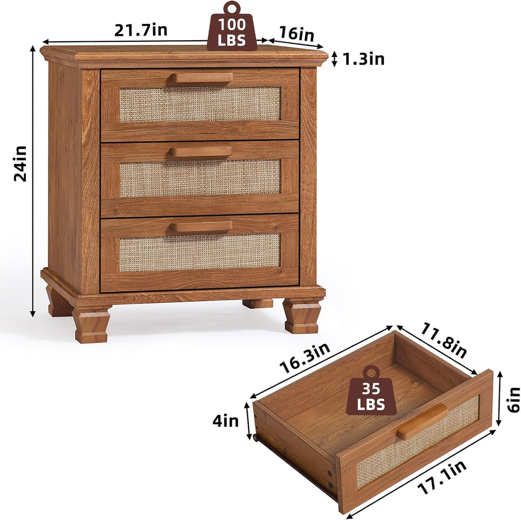 Tea brown nightstand with 3 drawers, woven drawer fronts, and side dimensions shown