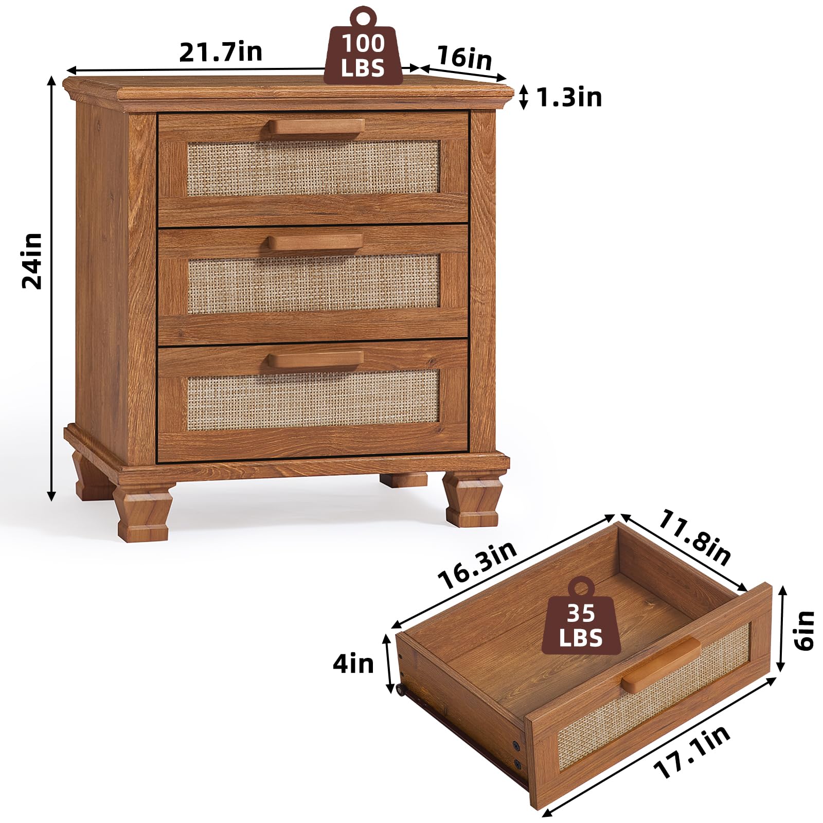 Rattan Nightstand Set of 2 with Drawers, Boho 3 Drawer Dresser, Wood Bedside Tables for Bedroom, Large End Side Tables, Natural Wood