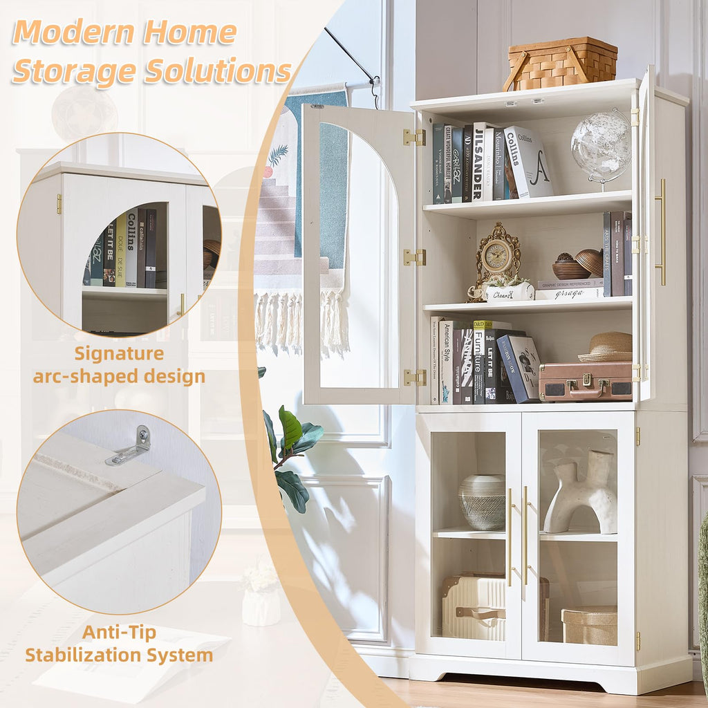 Tall white display cabinet with curved glass doors and open shelving compartments