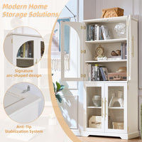 Tall white display cabinet with curved glass doors and open shelving compartments