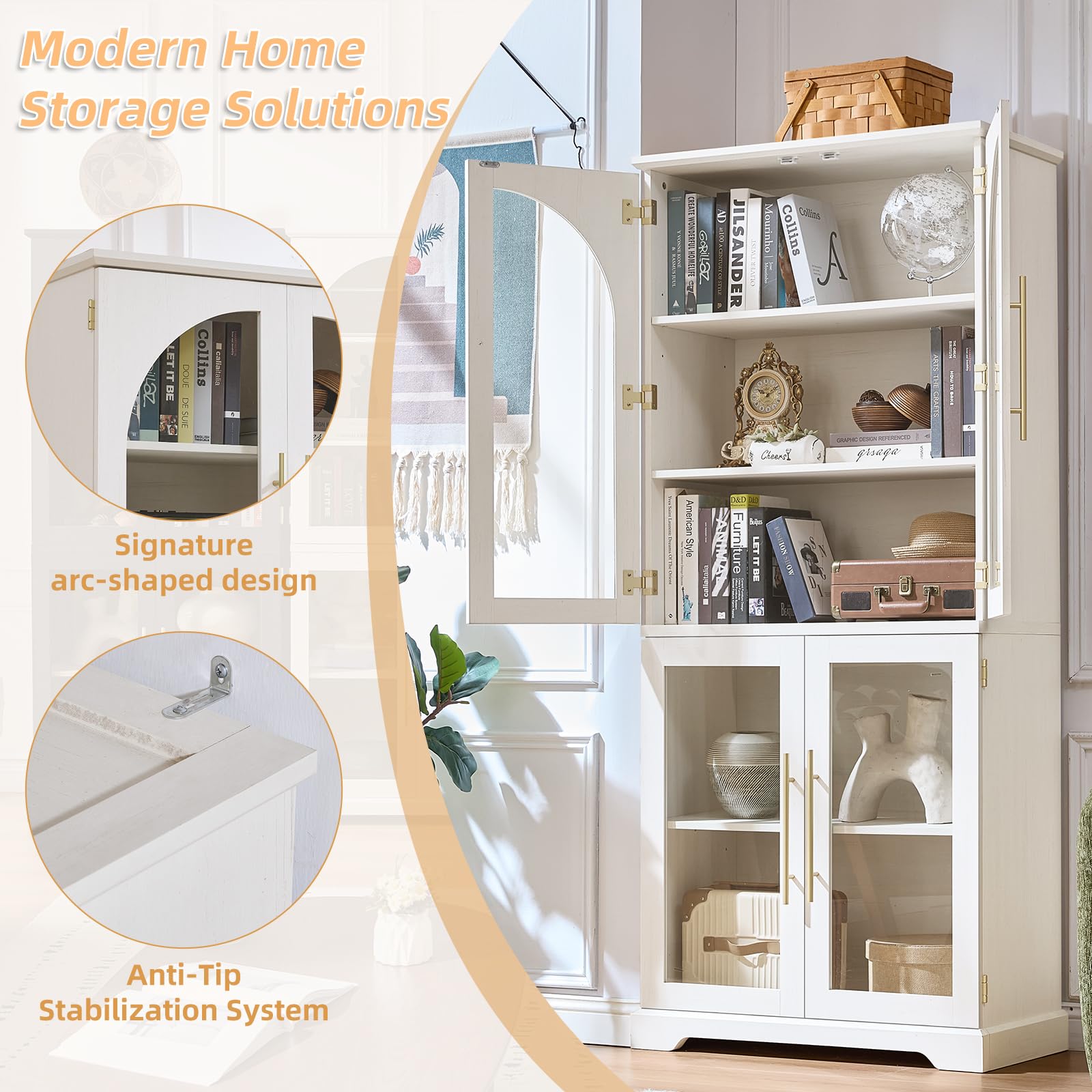 Tall white display cabinet with curved glass doors and open shelving compartments