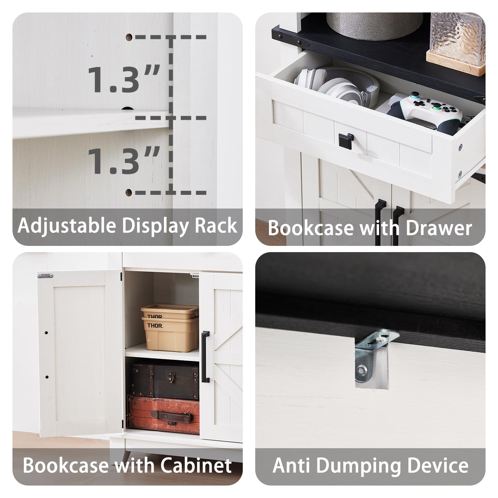 White bookcase cabinet with adjustable display shelves and a pull-out drawer