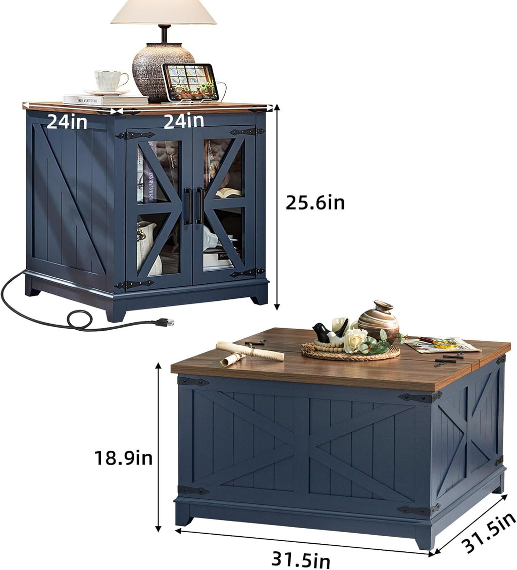 Blue wood coffee table with hidden storage and matching end table, with overall dimensions shown