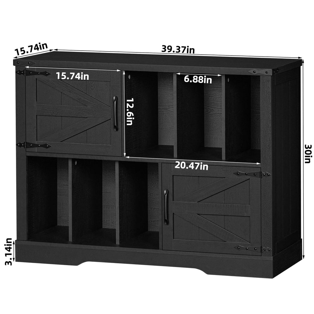 Record player cabinet with barn doors and open vinyl storage, dark finish
