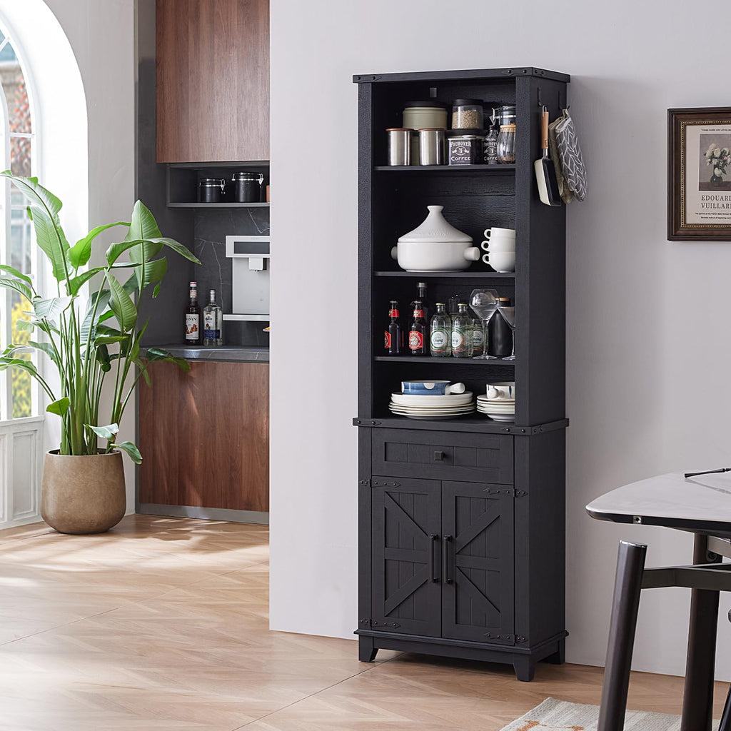 Black freestanding cabinet bookcase with open top shelves and lower barn doors