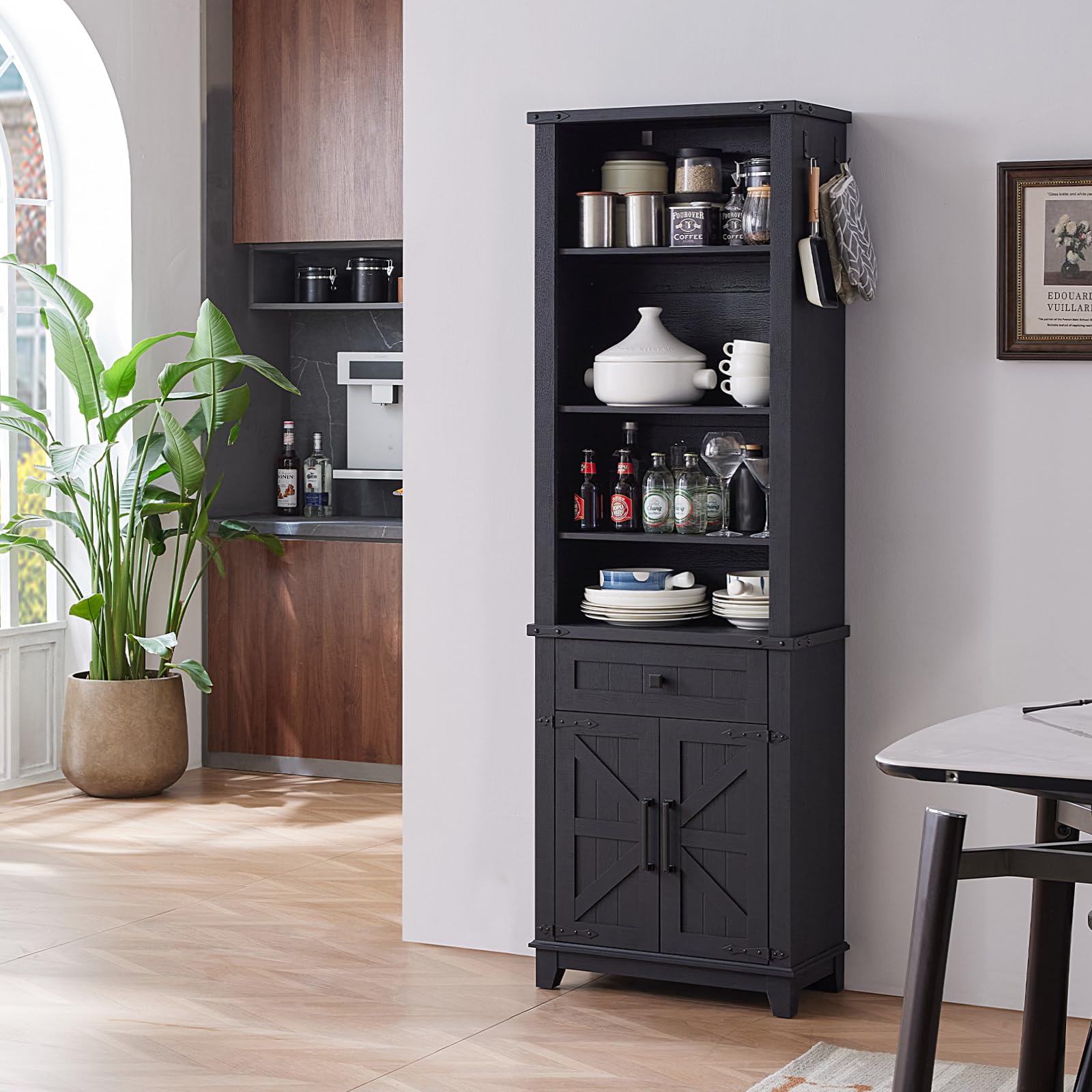Black freestanding cabinet bookcase with open top shelves and lower barn doors
