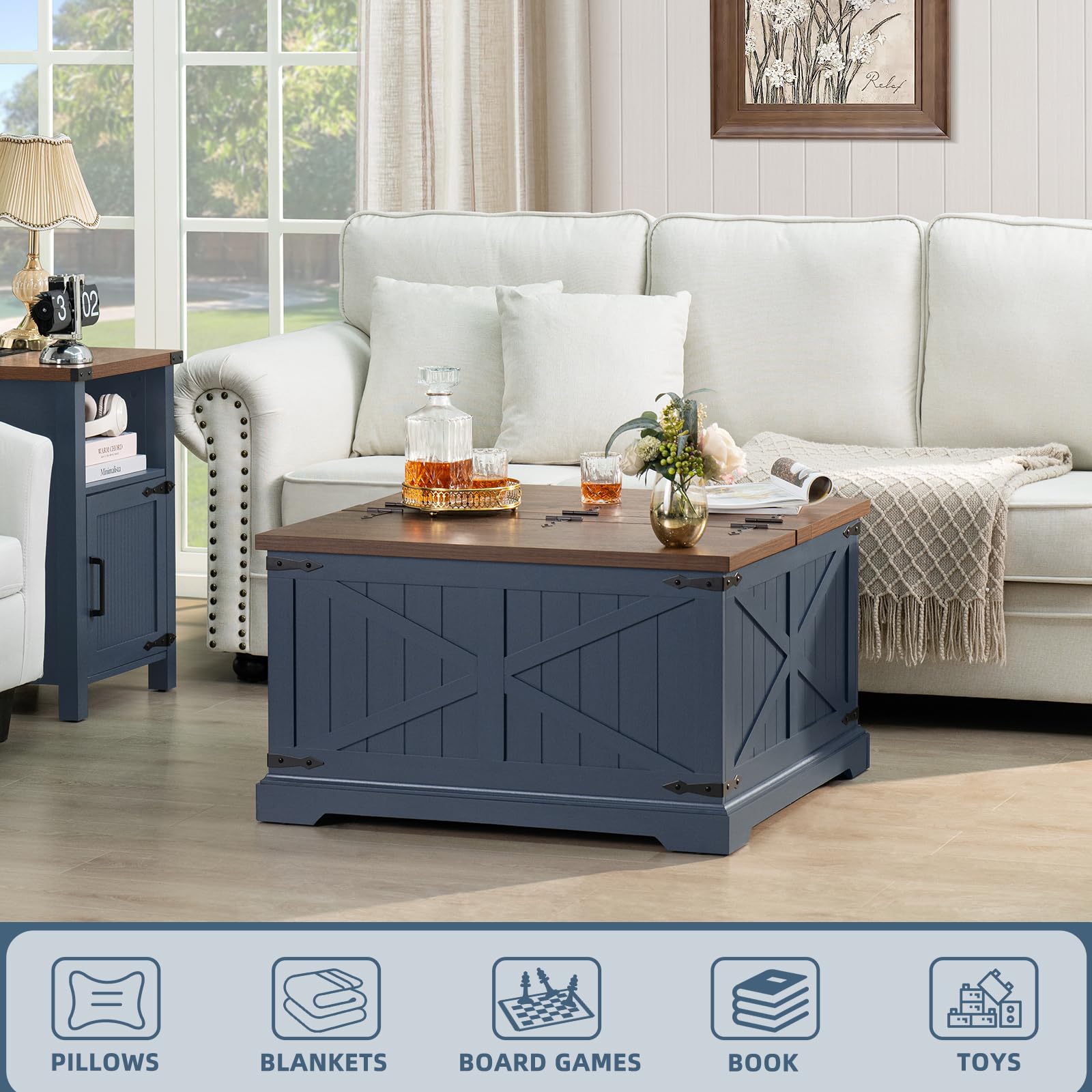 Navy blue square farmhouse coffee table with lifted lid and rustic brown wood top