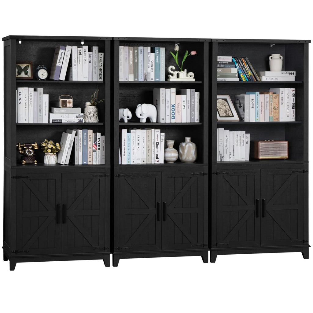Black tall bookcase cabinet with open shelves and barn-style double doors