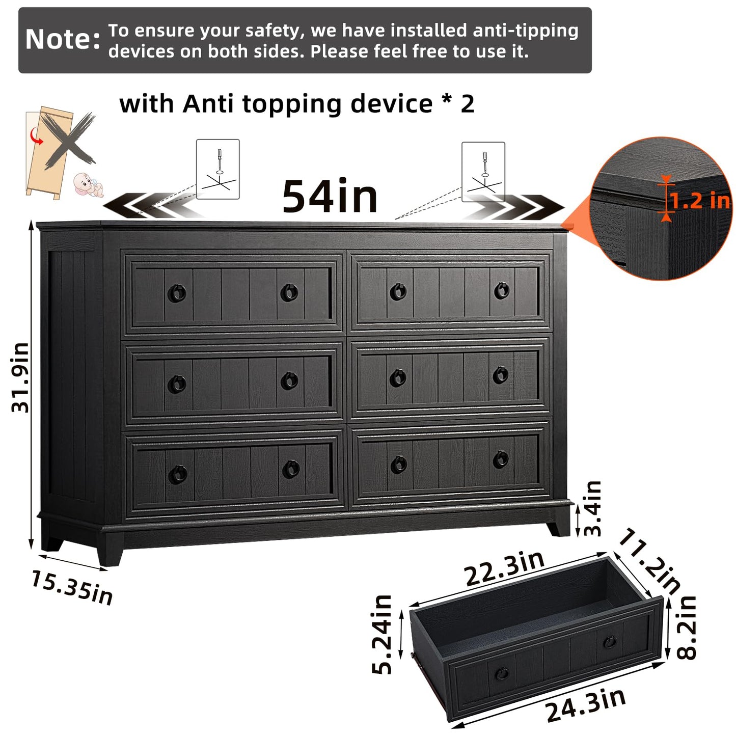 Dark wood dresser front view with 6 drawers and anti-tipping device details