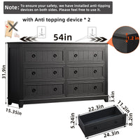 Dark wood dresser front view with 6 drawers and anti-tipping device details