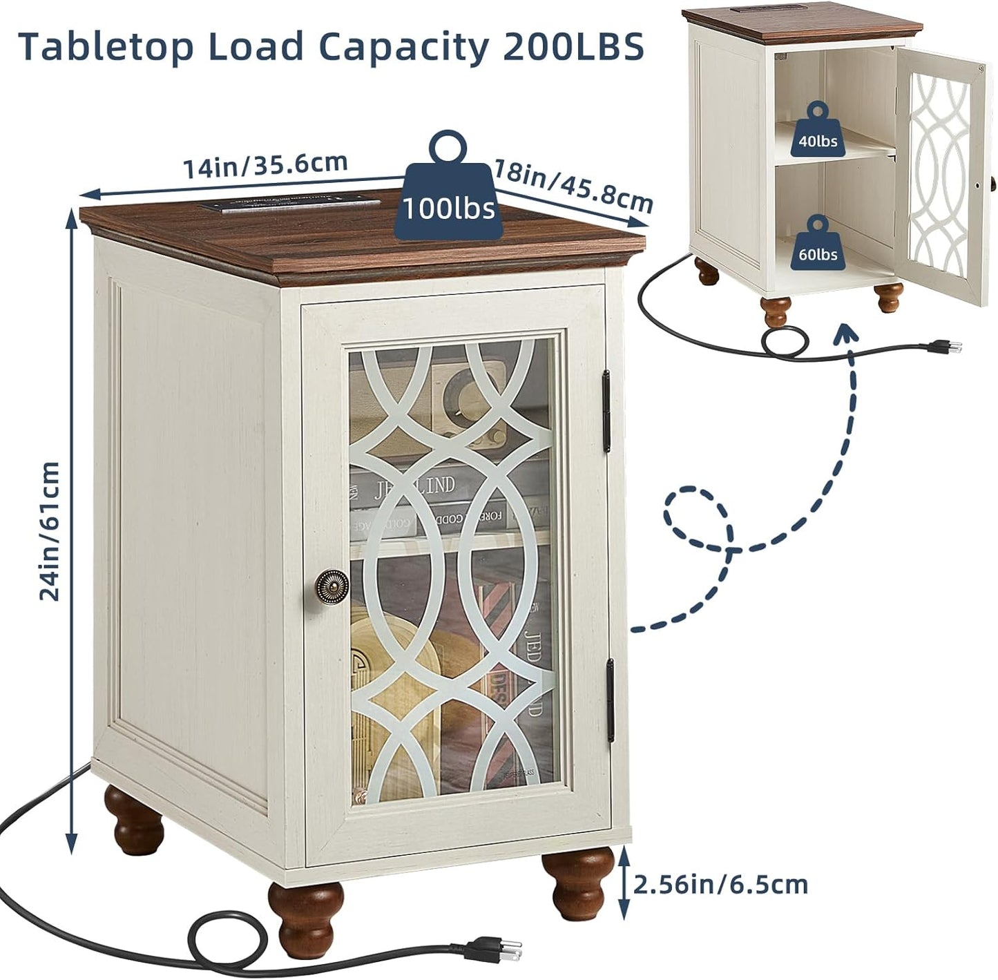 Narrow Side Table with Charging Station, Night Stand with Glass Door, Bedside End Tables with Adjustable Shelf Storage Cabinet,Wood Nightstand for Small Spaces Living Room Bedroom