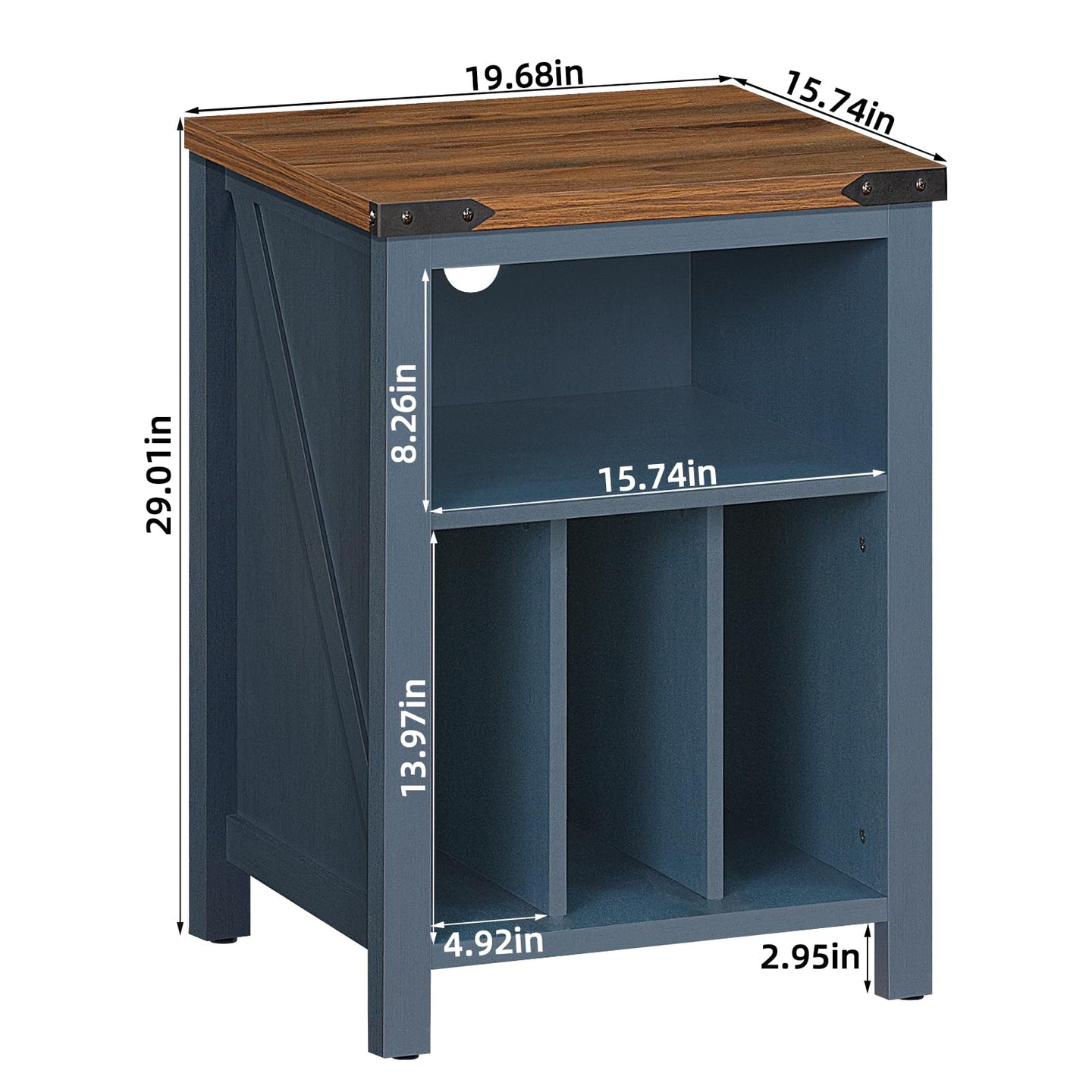 Record player stand cabinet with open shelves, navy finish, and labeled size dimensions