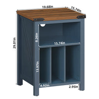 Record player stand cabinet with open shelves, navy finish, and labeled size dimensions
