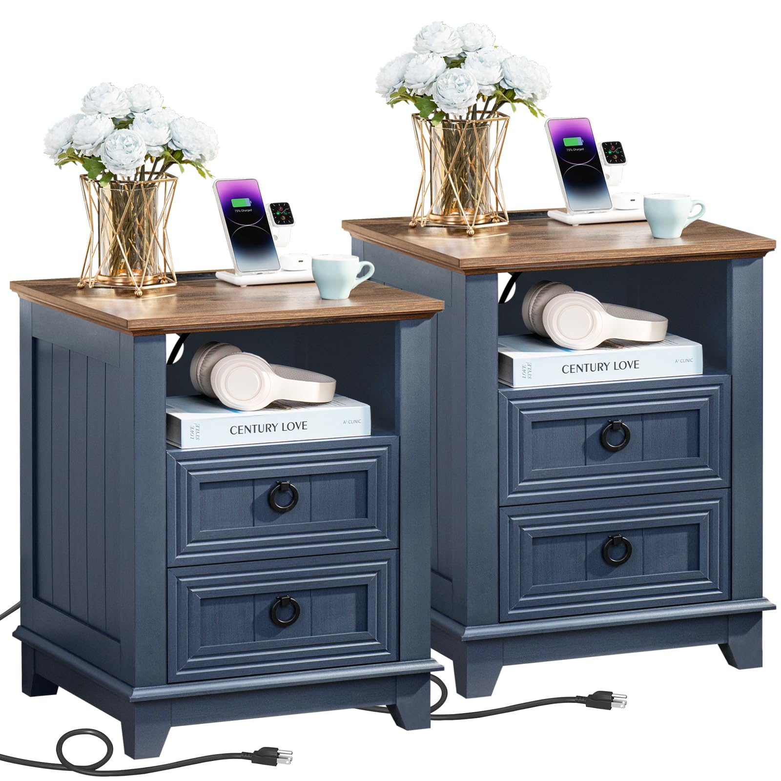 Blue farmhouse nightstand set of 2 with three drawers and round metal pulls