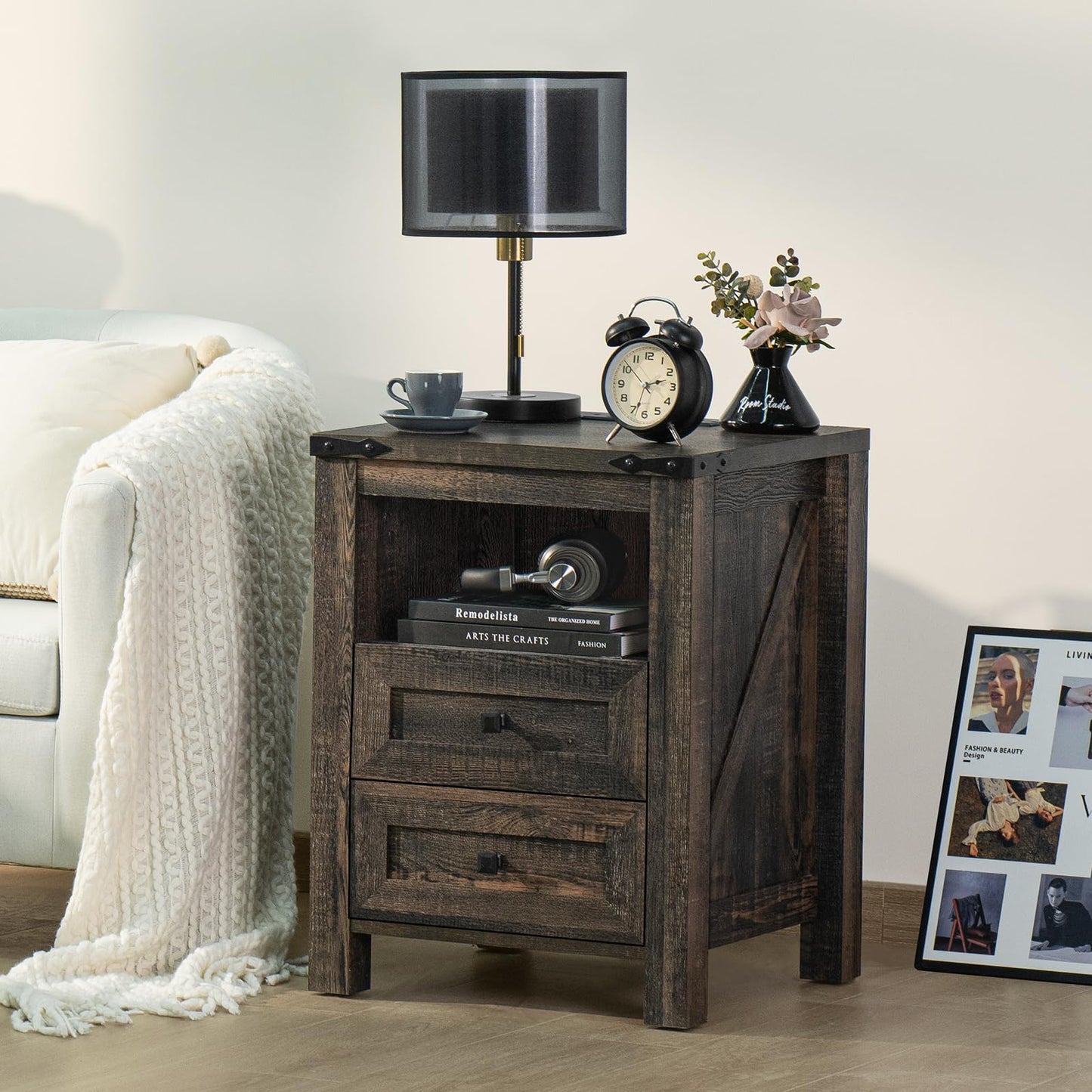 Dark wood nightstand with 2 drawers and open shelf, bedside table with charging top