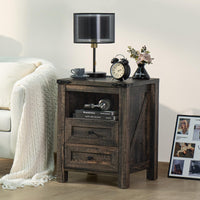 Dark wood nightstand with 2 drawers and open shelf, bedside table with charging top