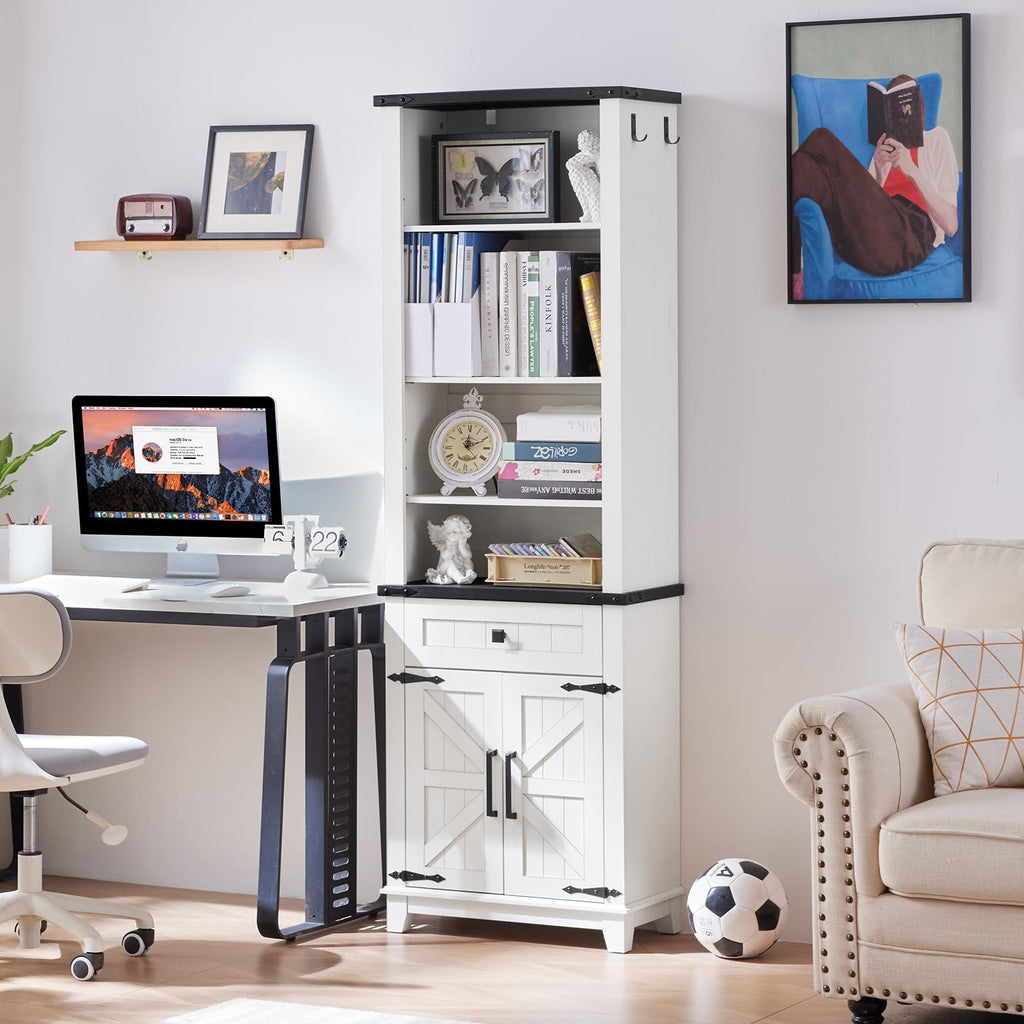 White bookcase with open shelves, center drawer, and double cabinet doors