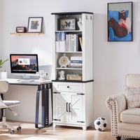 White tall bookcase with open shelves and lower drawer, framed by double doors