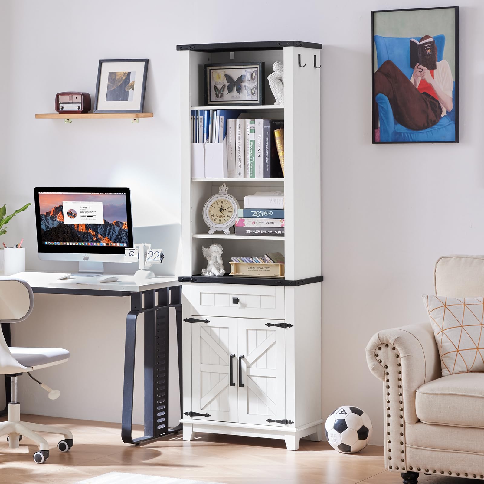 White bookcase with open shelves, center drawer, and double cabinet doors