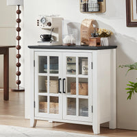 White sideboard cabinet with glass-front doors and interior shelves for storage