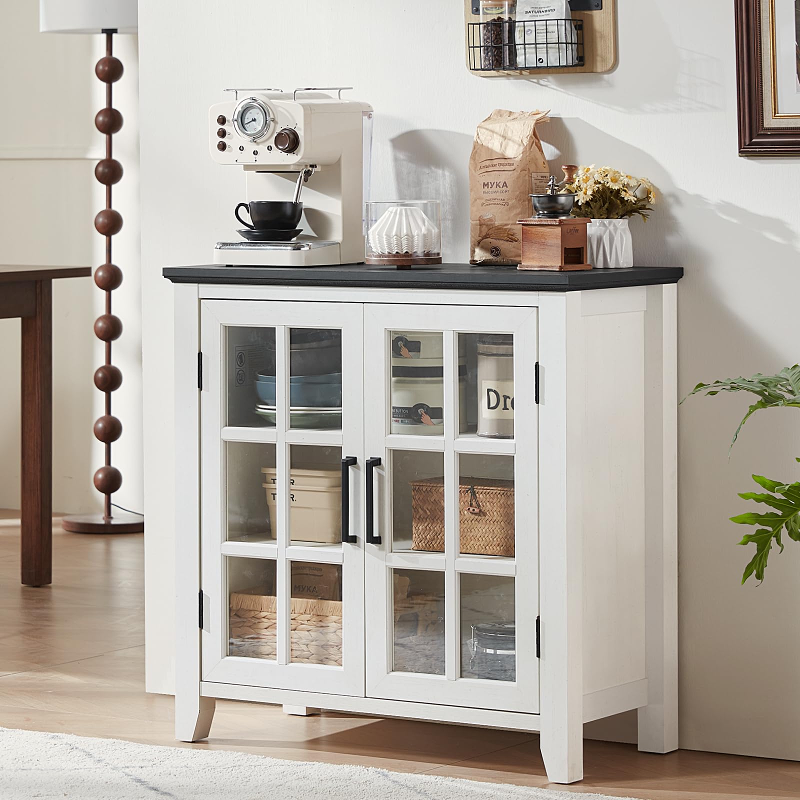 Farmhouse sideboard cabinet with four glass doors, white finish, and enclosed storage