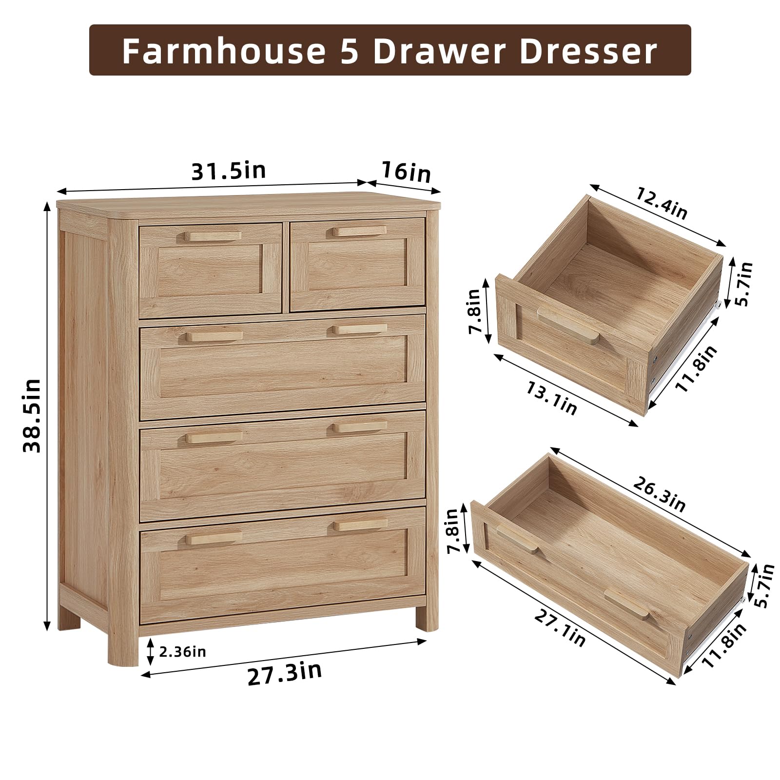 Farmhouse 5 Drawer Dresser for Bedroom, Chest of Drawers with 5 Deep Drawer & 4 Thickened Table Legs, Walnut