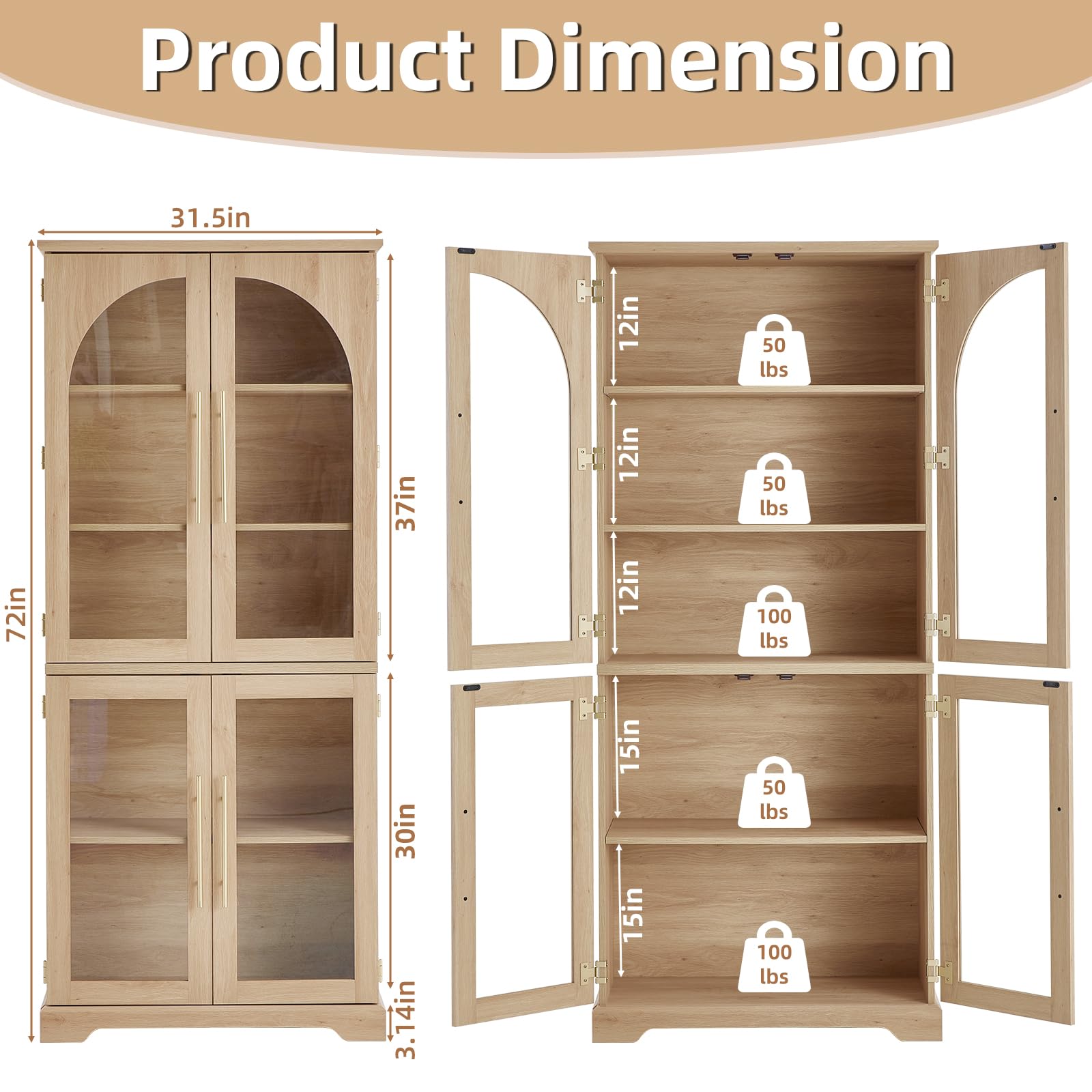 Natural wood tall bookshelf dimension view with open doors, adjustable shelves, and weight rating labels
