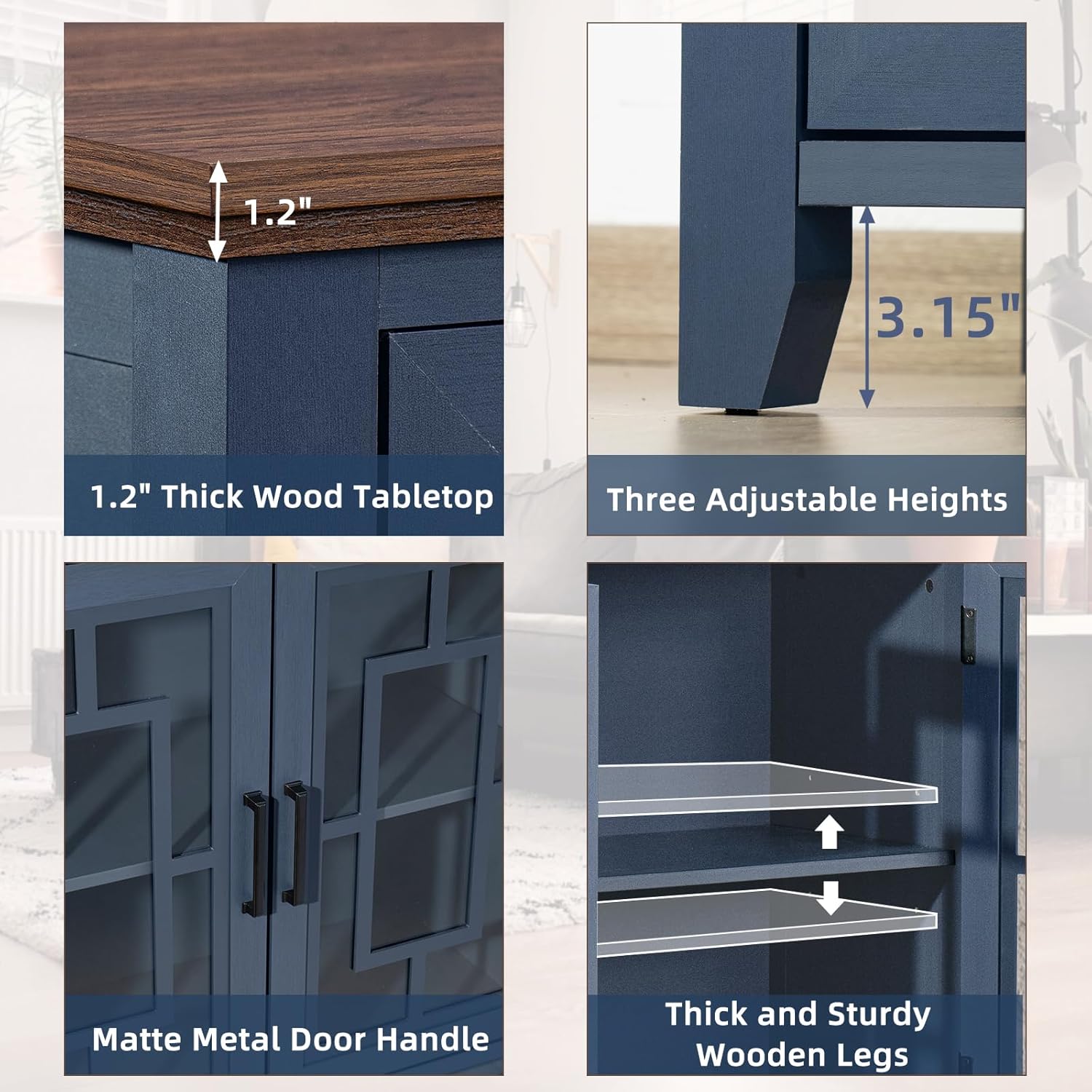 Navy sideboard cabinet details: thick wood tabletop, matte metal handles, adjustable shelves