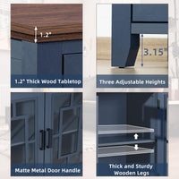 Dark blue sideboard cabinet close-up showing thick wood top, metal handles, sturdy legs