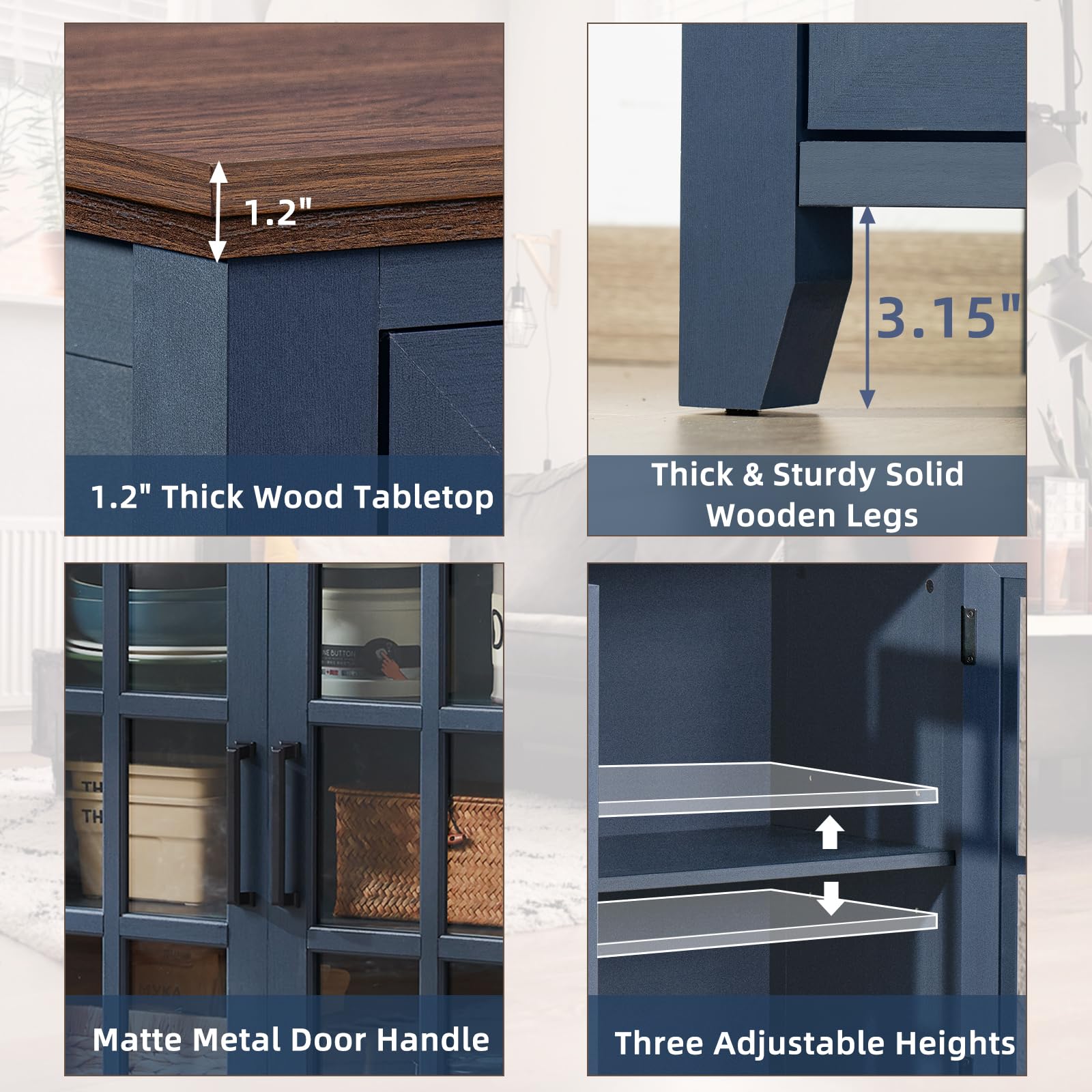 Blue cabinet features: thick wood top, matte metal handles, adjustable interior shelves