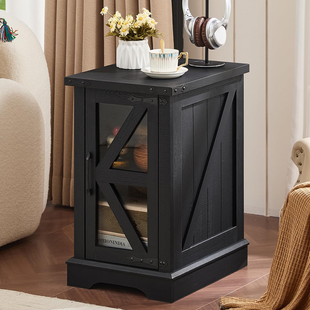 Black farmhouse side table with lift-top and open interior storage