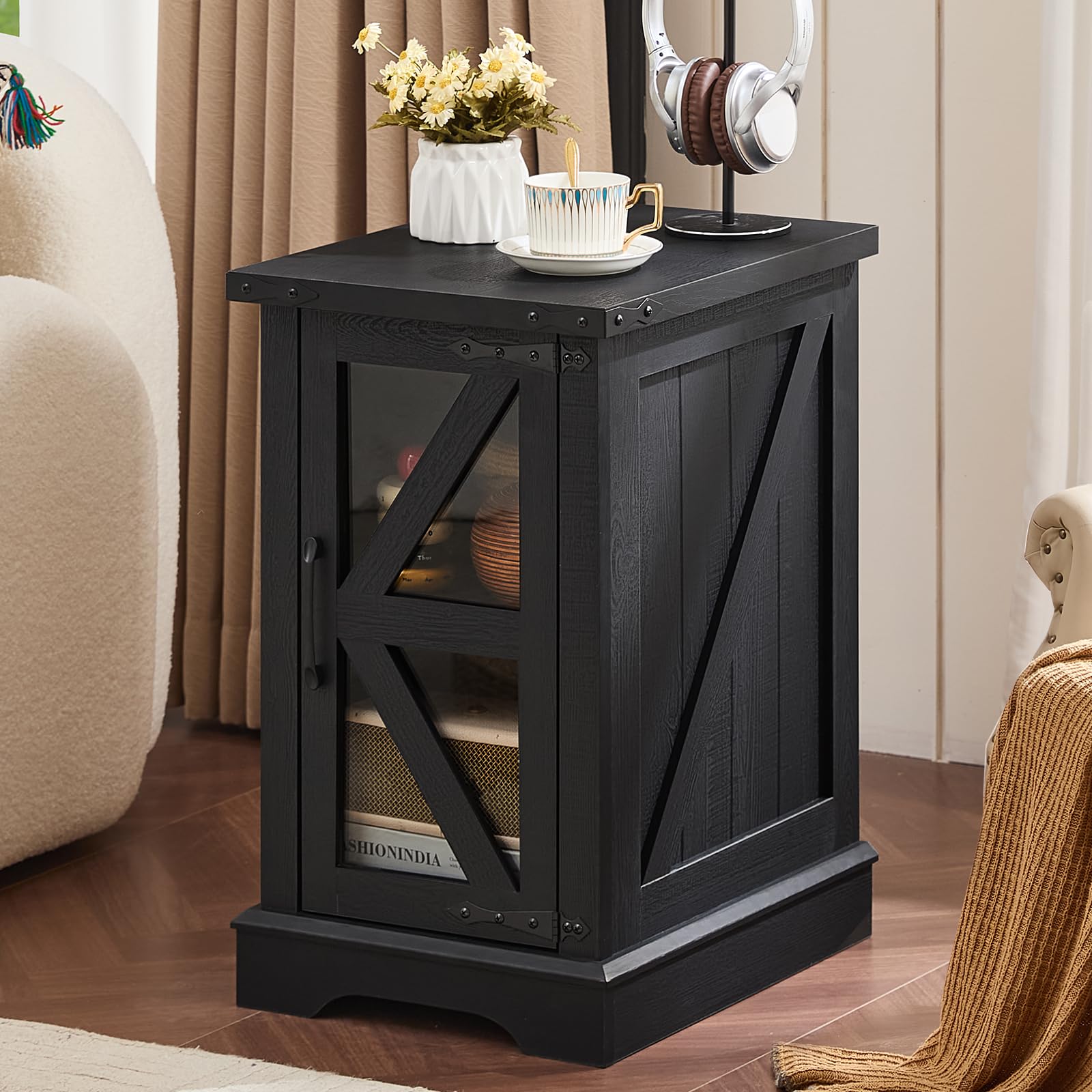 Black farmhouse side table with lift-top and open interior storage