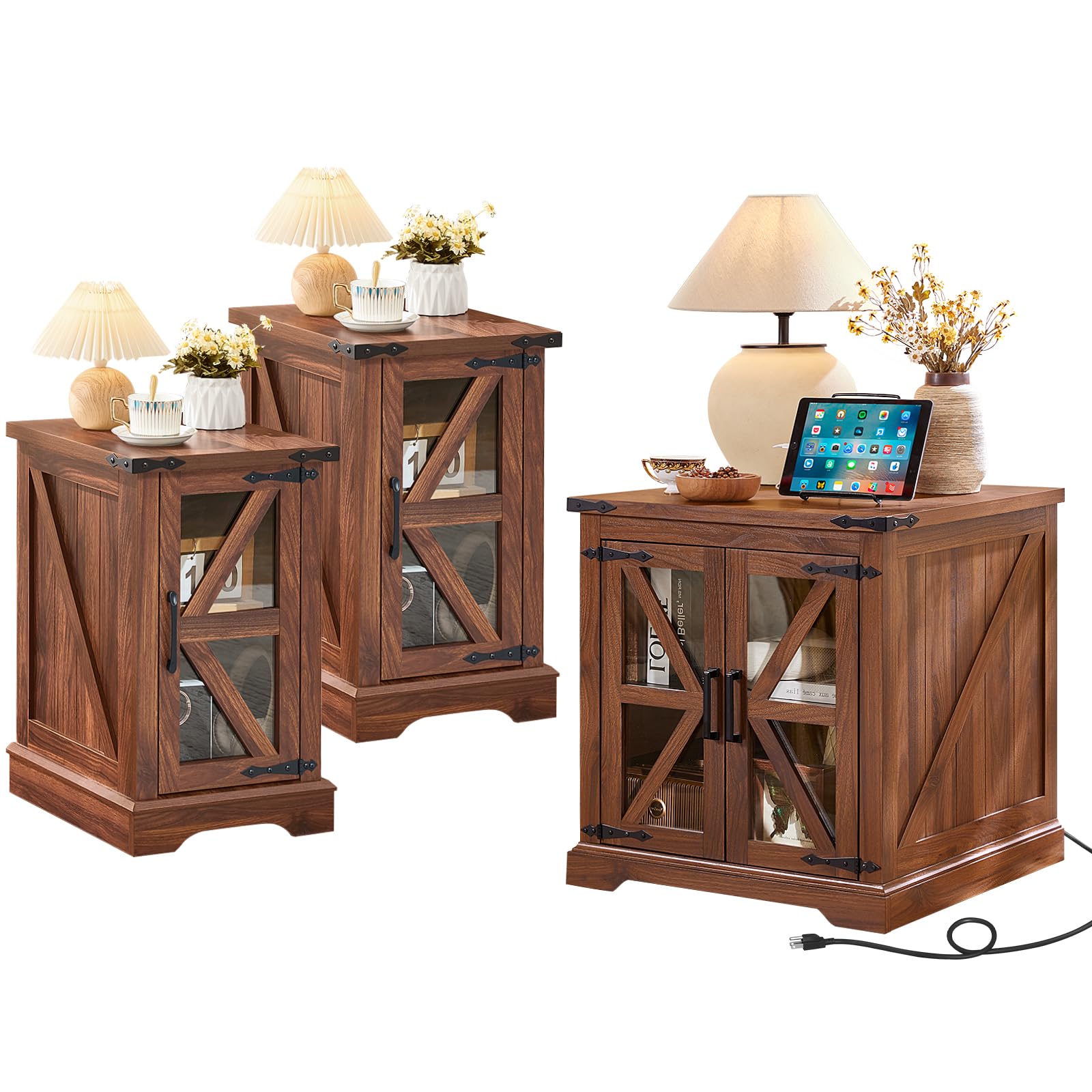 End Tables Living Room Set 2, 18'' Night Stand and 24" Square Side Table with Charger Station, Wood Furniture Sets, Nightstand Bedside End Table for Bedroom