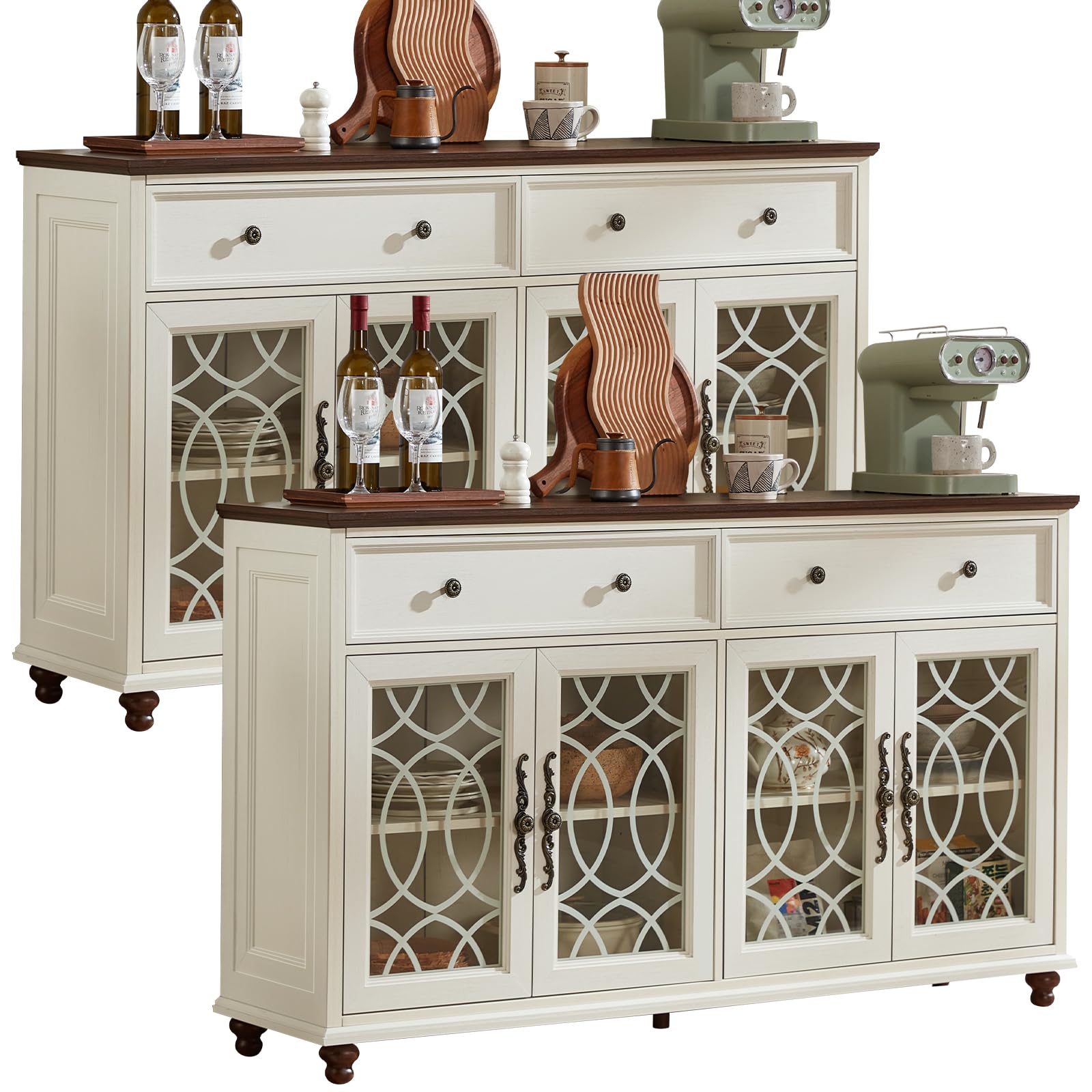 Farmhouse sideboard cabinet with 4 glass doors and 2 drawers, white finish, bun feet