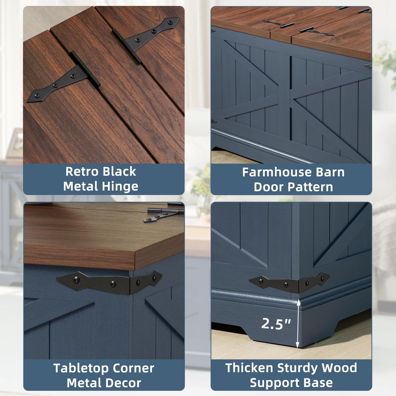 Brown wood tabletop with black metal hinge on blue farmhouse storage base
