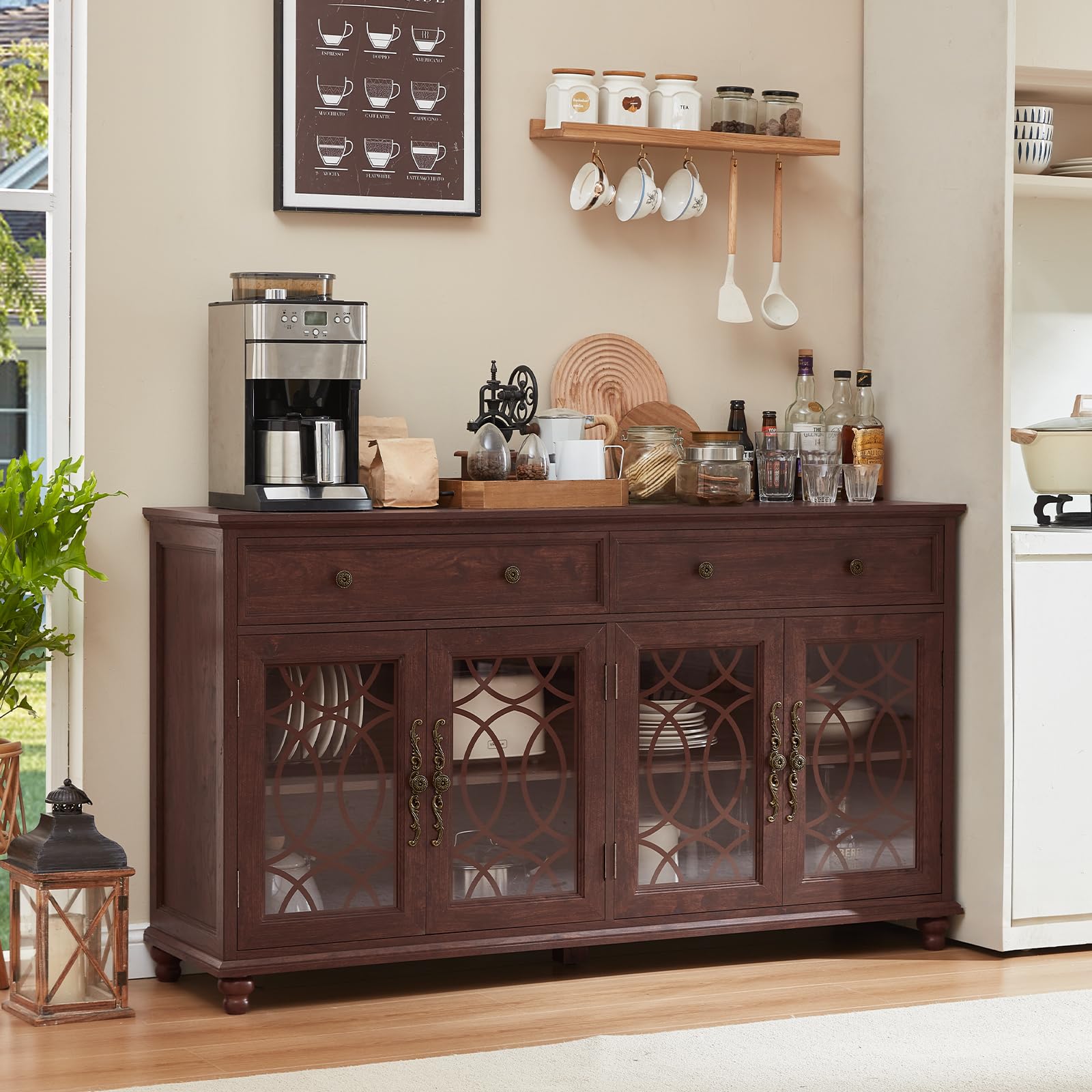 Dark wood sideboard with two drawers and four glass-door cabinets