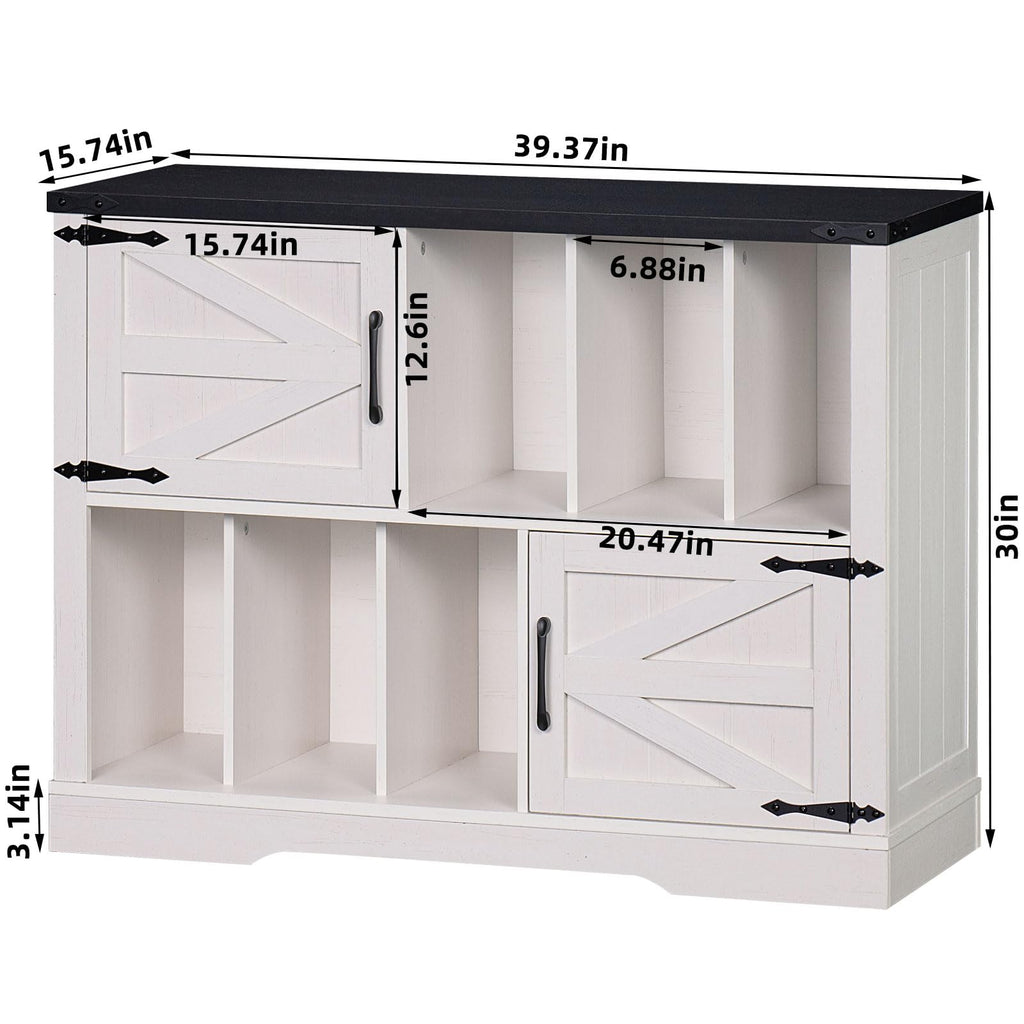 White record player cabinet with barn doors and interior shelves, front view diagram