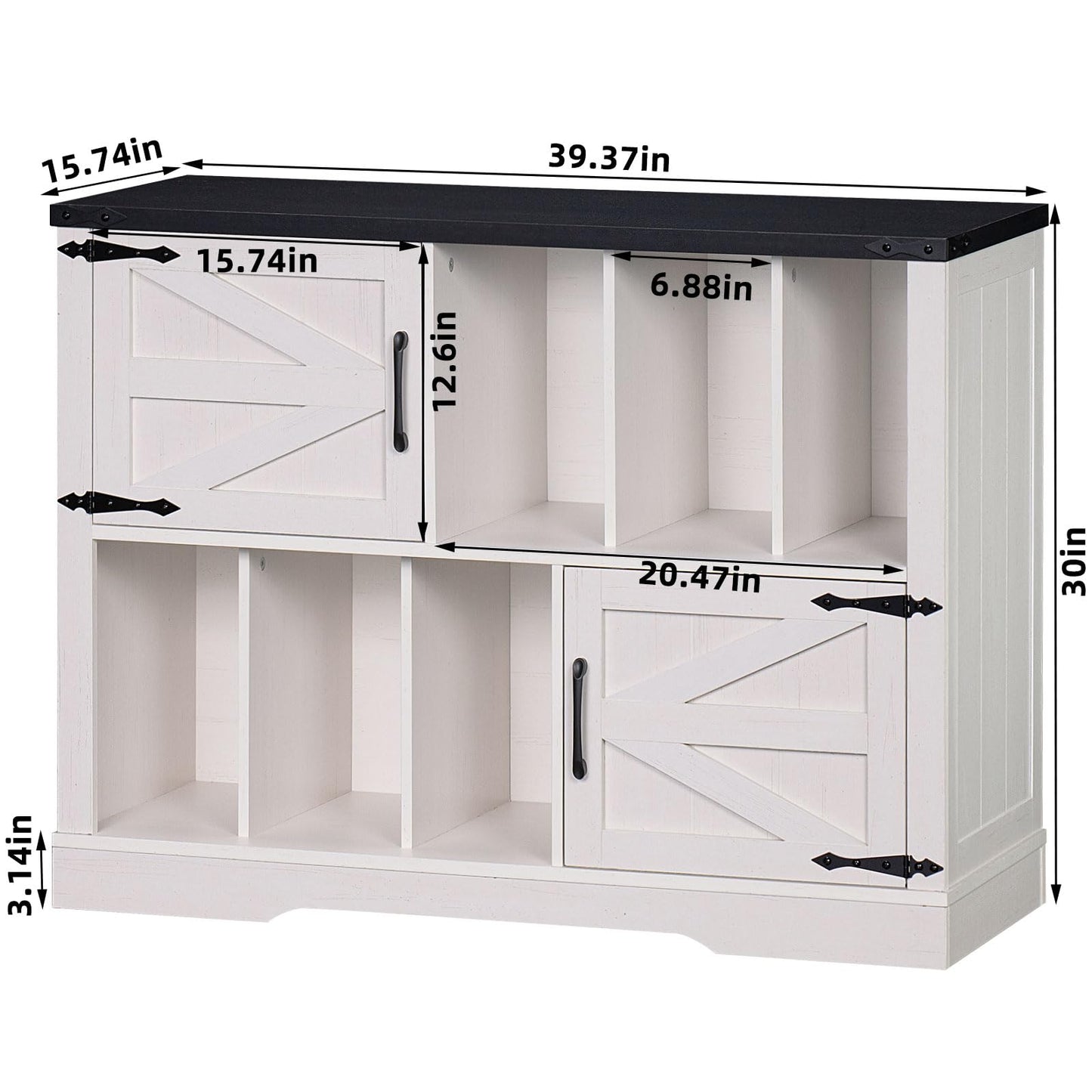 White record player cabinet layout with front doors and interior record storage bays