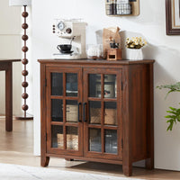 Brown wood sideboard cabinet with four glass doors and framed panel details