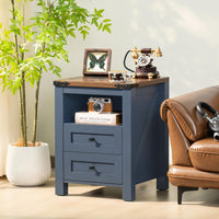 Joaxswe blue farmhouse nightstand with 2 drawers, open shelf, and charging ports on top