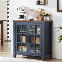 Blue sideboard cabinet with four glass doors and interior display shelves