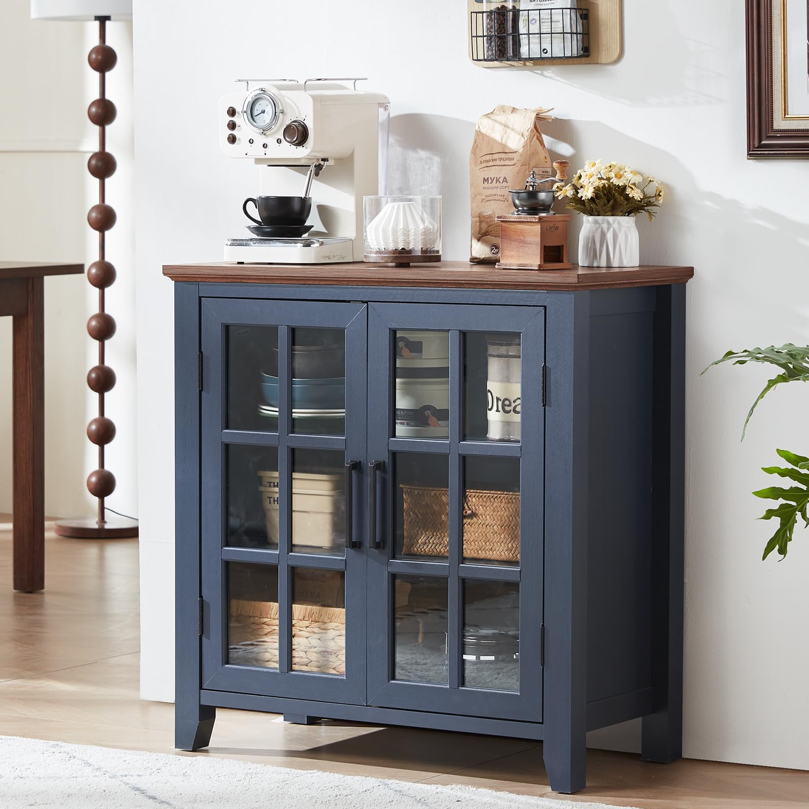 Blue sideboard cabinet with glass doors and shaker-style panel details.