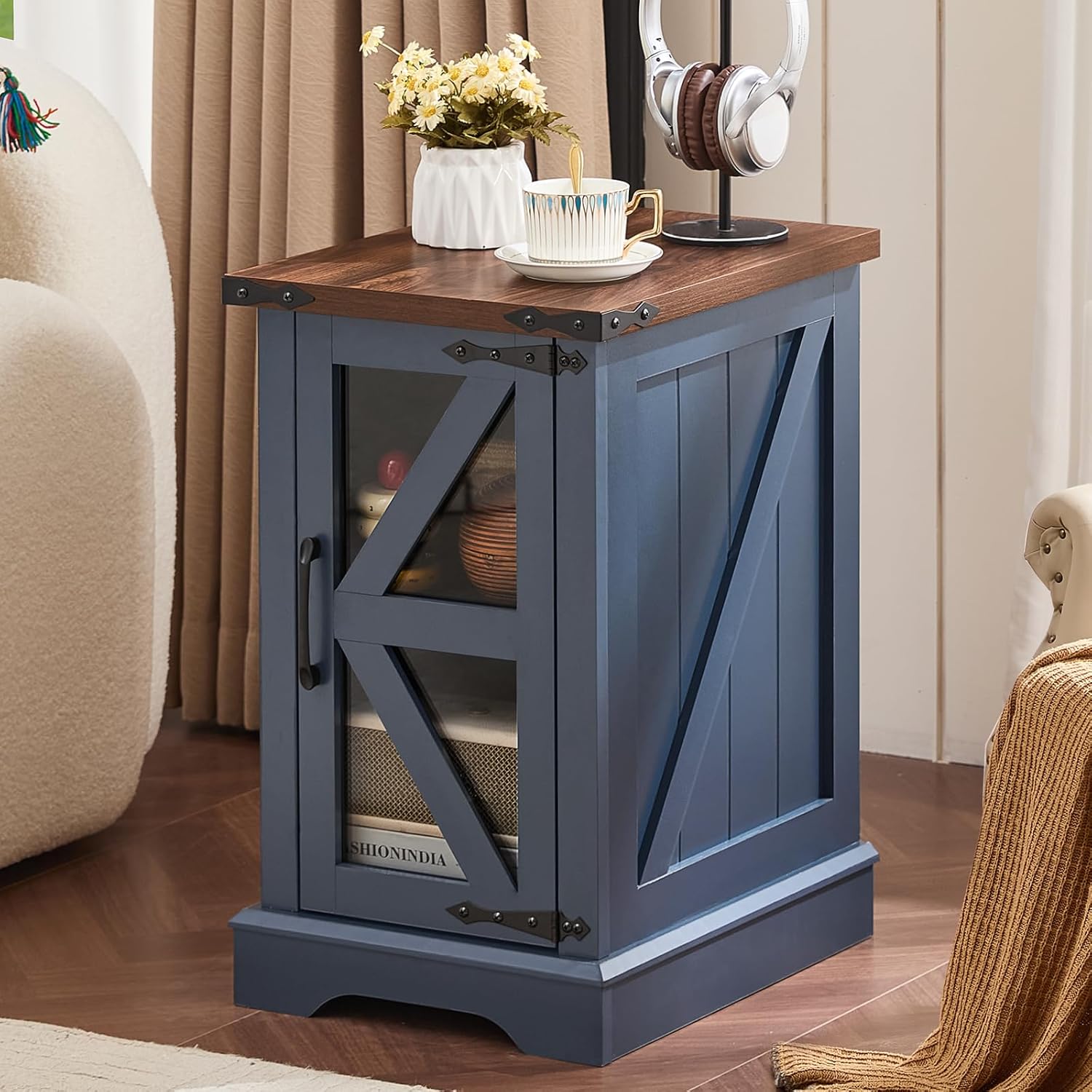Navy blue farmhouse nightstand with wood top and glass barn-door cabinet