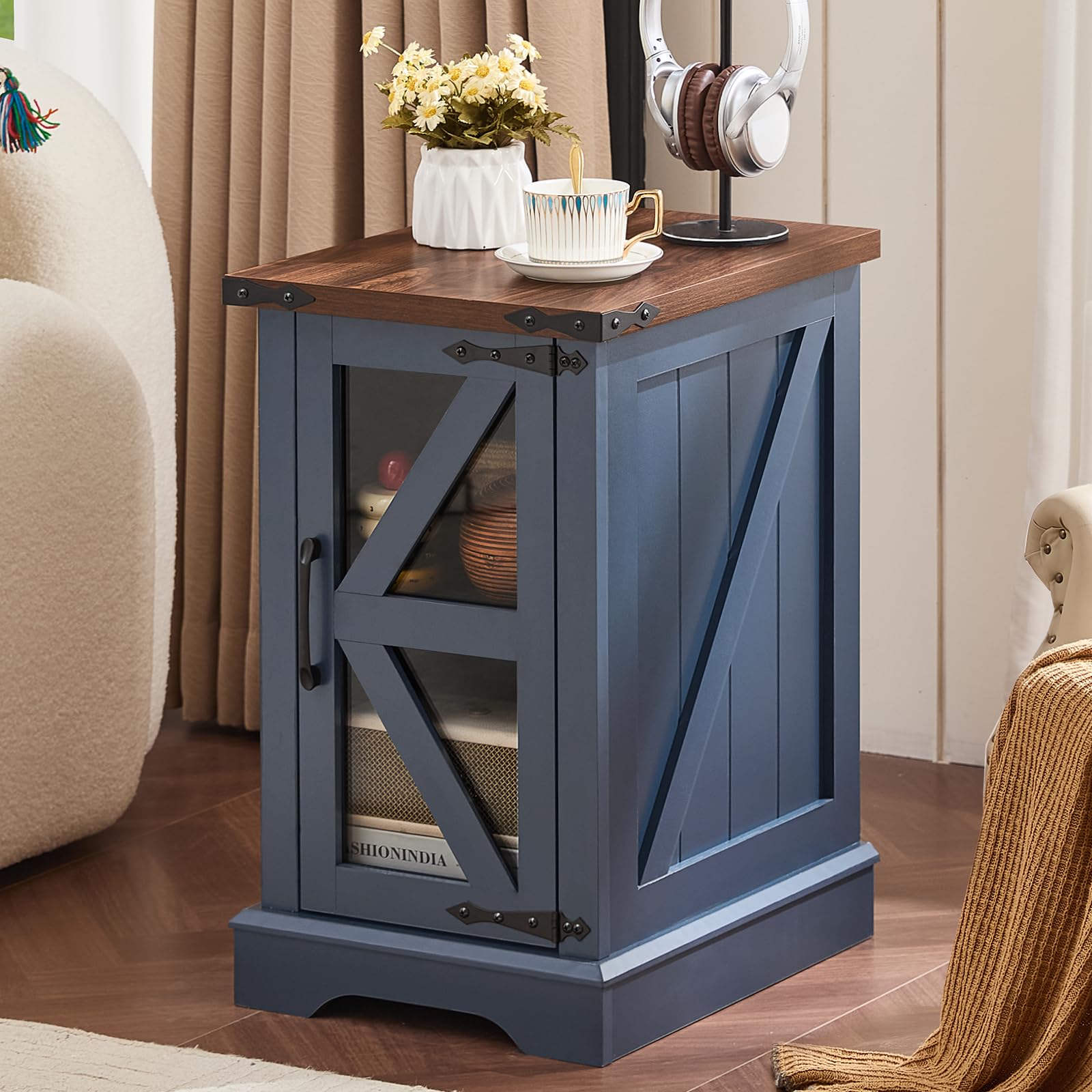 Blue farmhouse side table with lift-top and open storage compartment