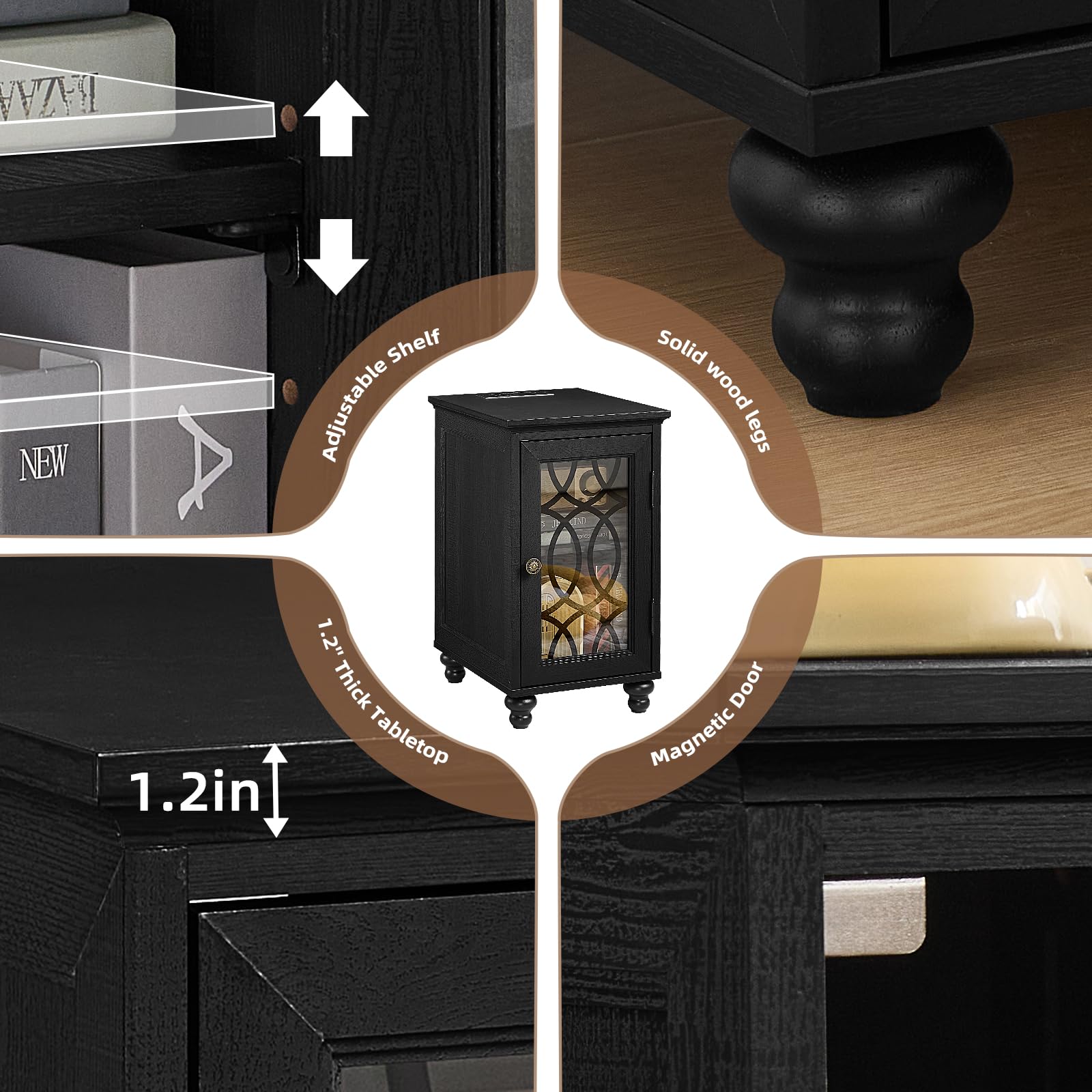Black narrow nightstand with glass door and compact cabinet on turned legs